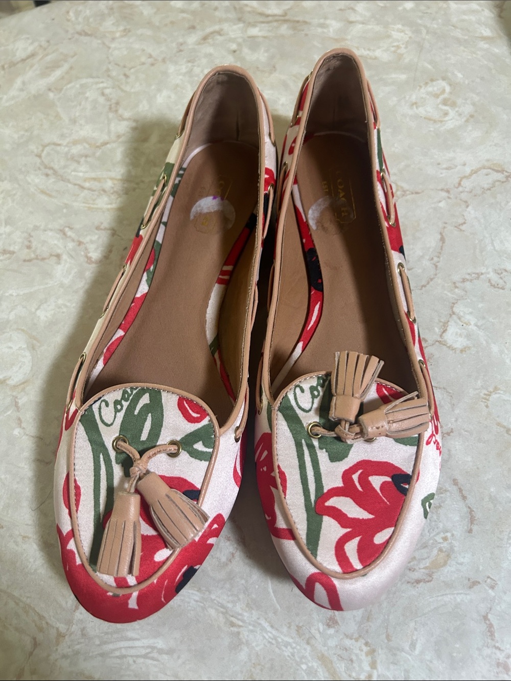 Coach Floral Tassel Loafers in Red, Green, and Tan